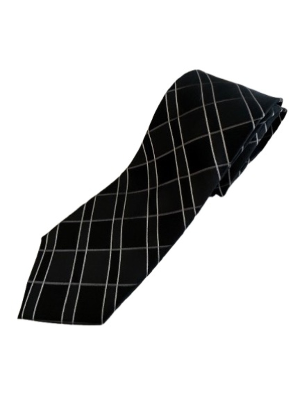 DKNY Man's Classic Black Tie with Silver/Gray Windowpane Plaid Design 100% Silk